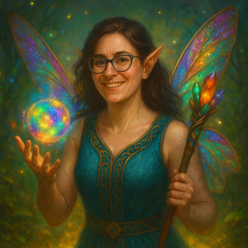 Portrait of Sheena, author and narrator of Dragon Bones and Wizards Hats, depicted as a luminous fairy surrounded by prismatic light.